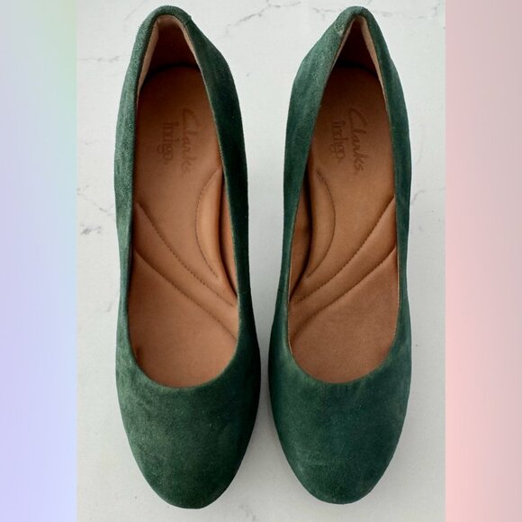 Clarks Indigo Moss Green Suede Heels – Size 7 - Picture 1 of 6